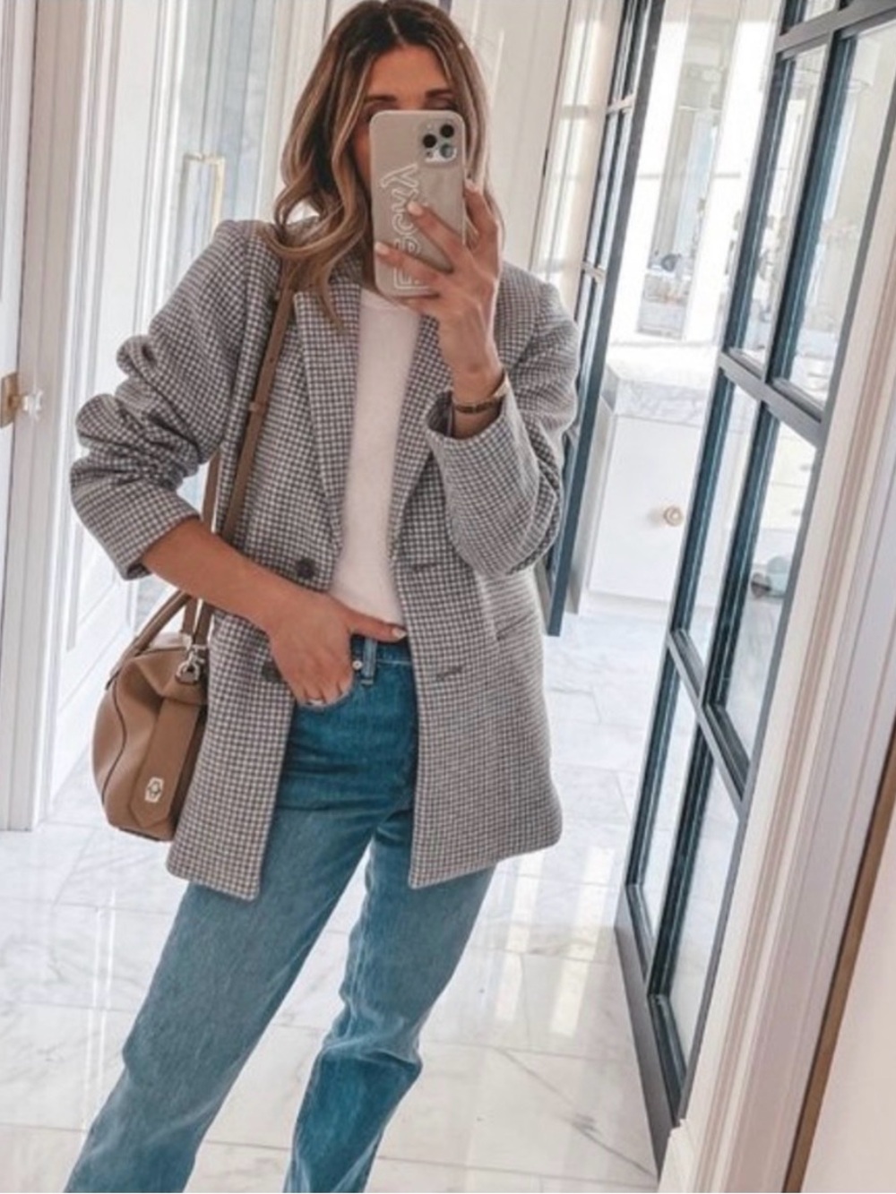 Abercrombie Wool-blend Blazer Coat Light Grey Houndstooth - Women